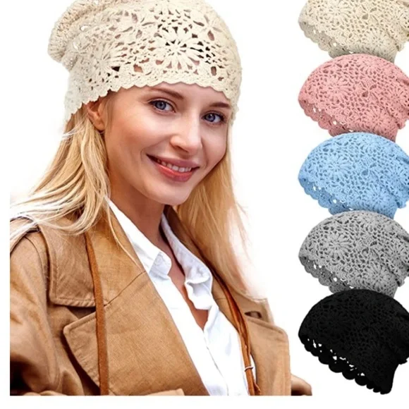 Beige Handmade Knit Floral Skull Cap Cotton Cutout Summer Hats for Women … - Picture 1 of 11
